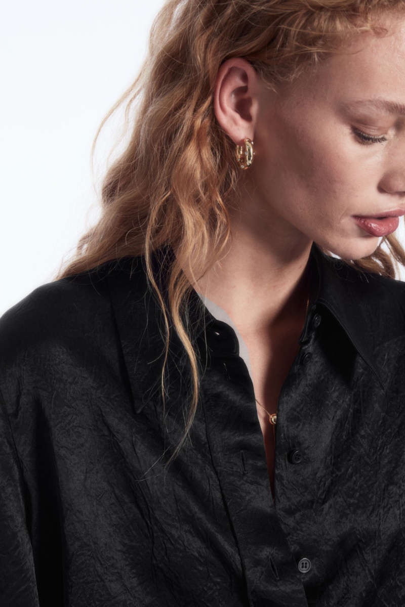 Dámské Košile COS Široké-Sleeve Crinkled-Satin Černé | AIHD-08236