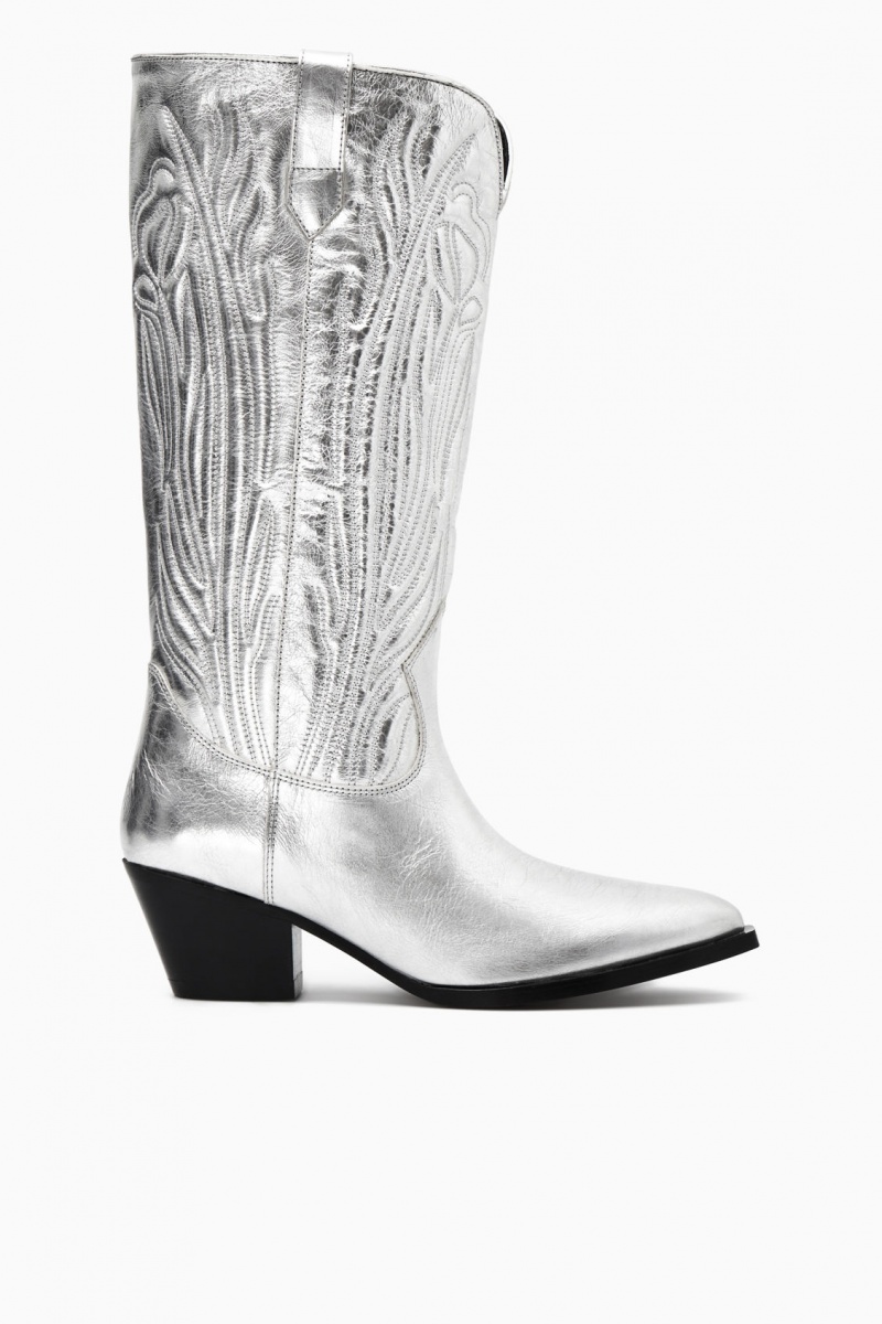 Dámské Kovbojské Boty COS Embroidered Læder Stříbrné | LNIY-70589