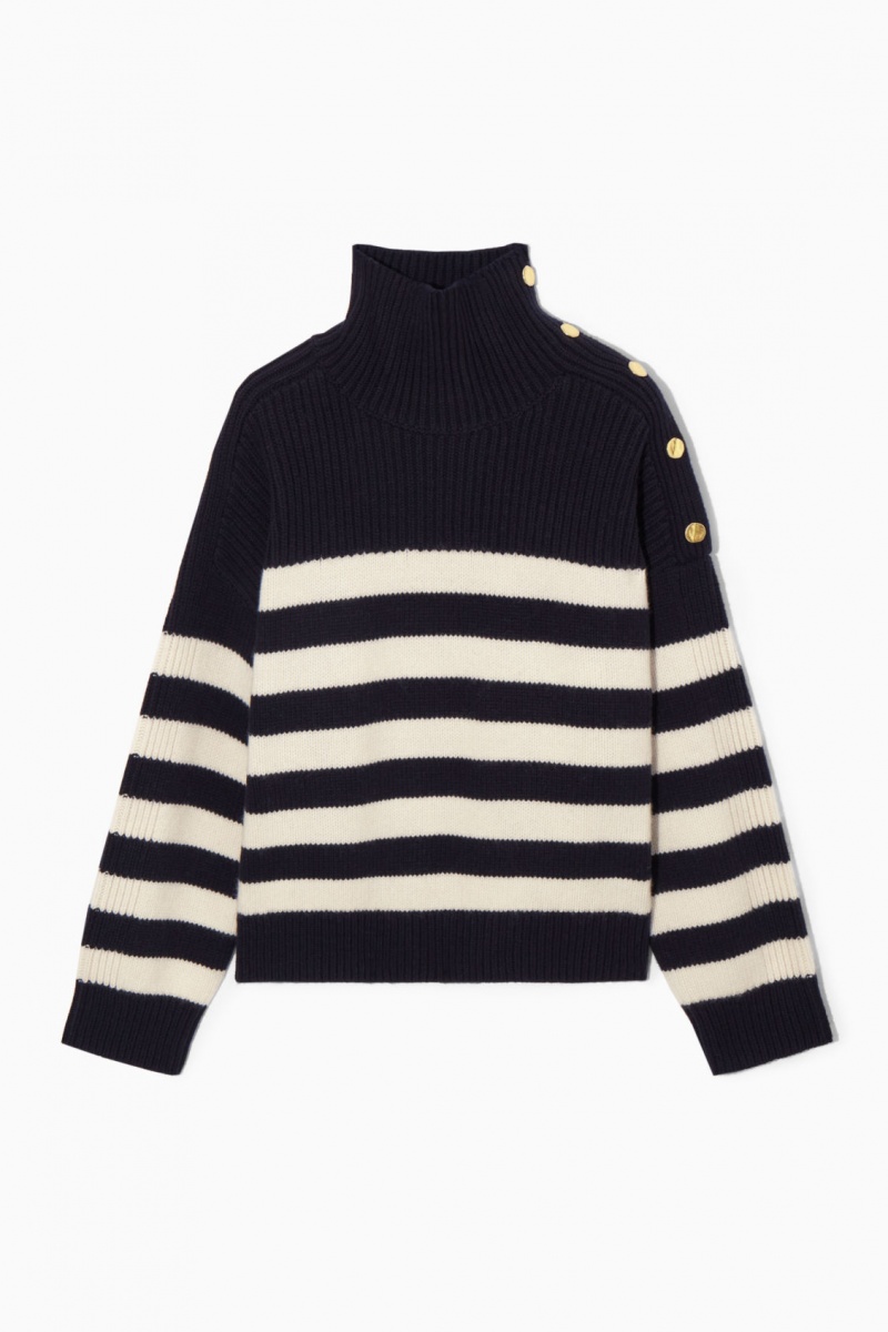Dámské Svetry COS Button-Embellished Pruhovaný Vlna Tmavě Blankyt | JTUC-82953