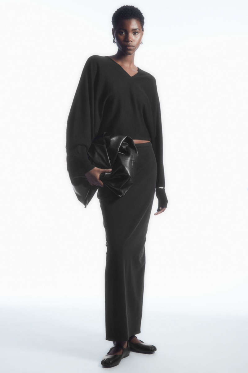 Dámské Svetry COS V-Neck Merino Vlna Batwing Černé | LXPE-76981