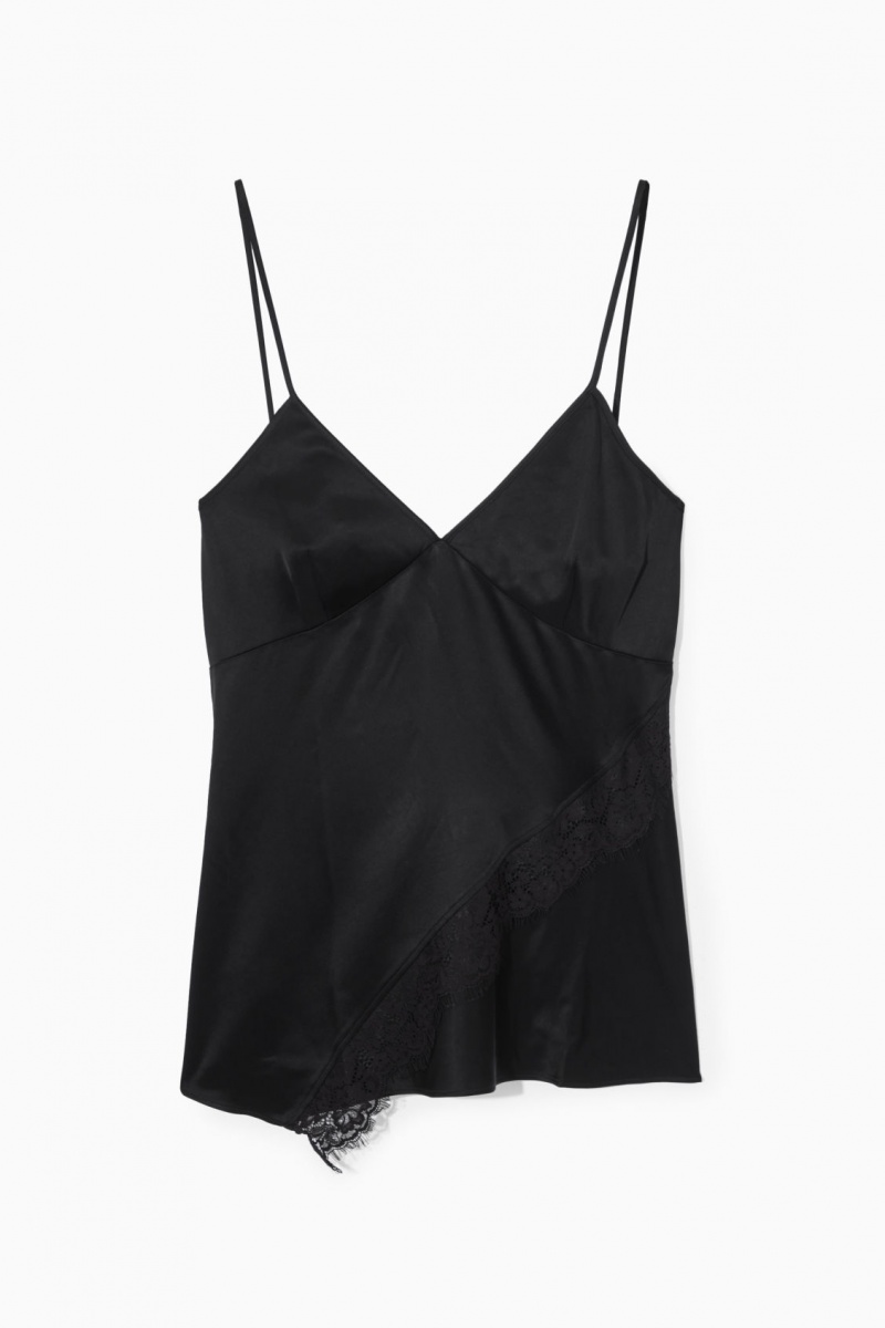 Dámské Topy COS Asymmetric Krajkové-Trimmed Satin Camisole Černé | WBUP-27309