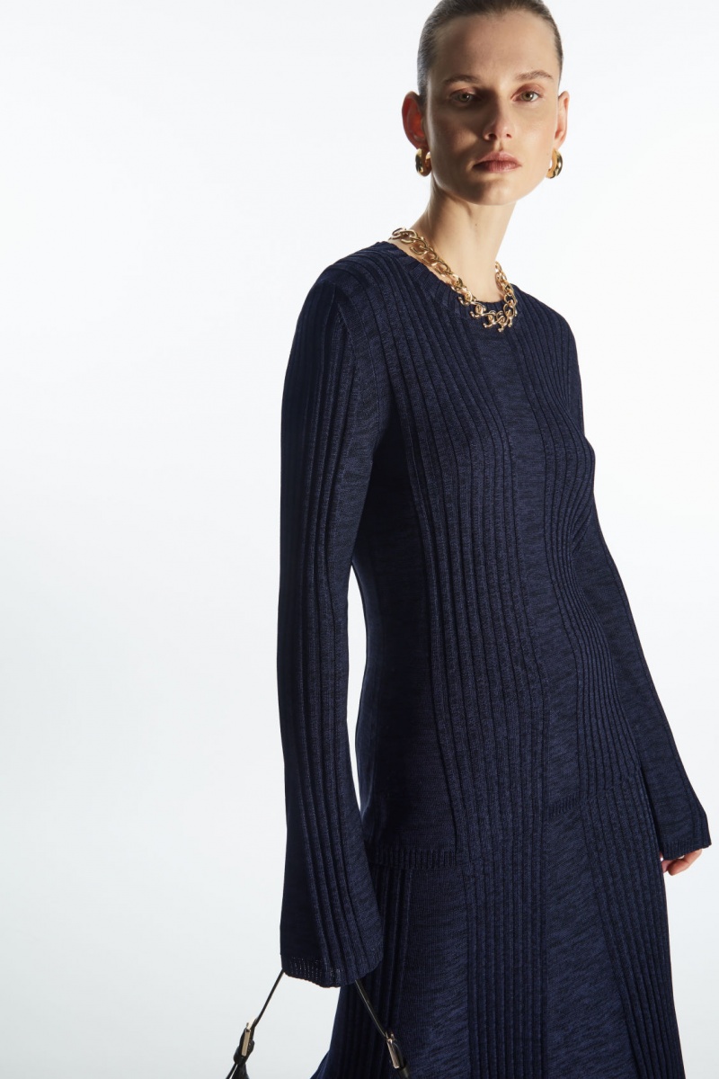 Dámské Topy COS Flared-Sleeve Žebrovaný-Panel Tmavě Blankyt | GSLC-68019