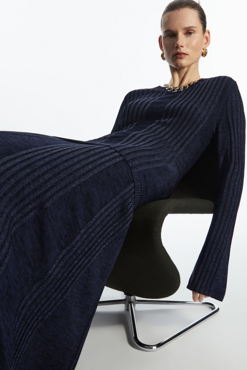 Dámské Topy COS Flared-Sleeve Žebrovaný-Panel Tmavě Blankyt | GSLC-68019