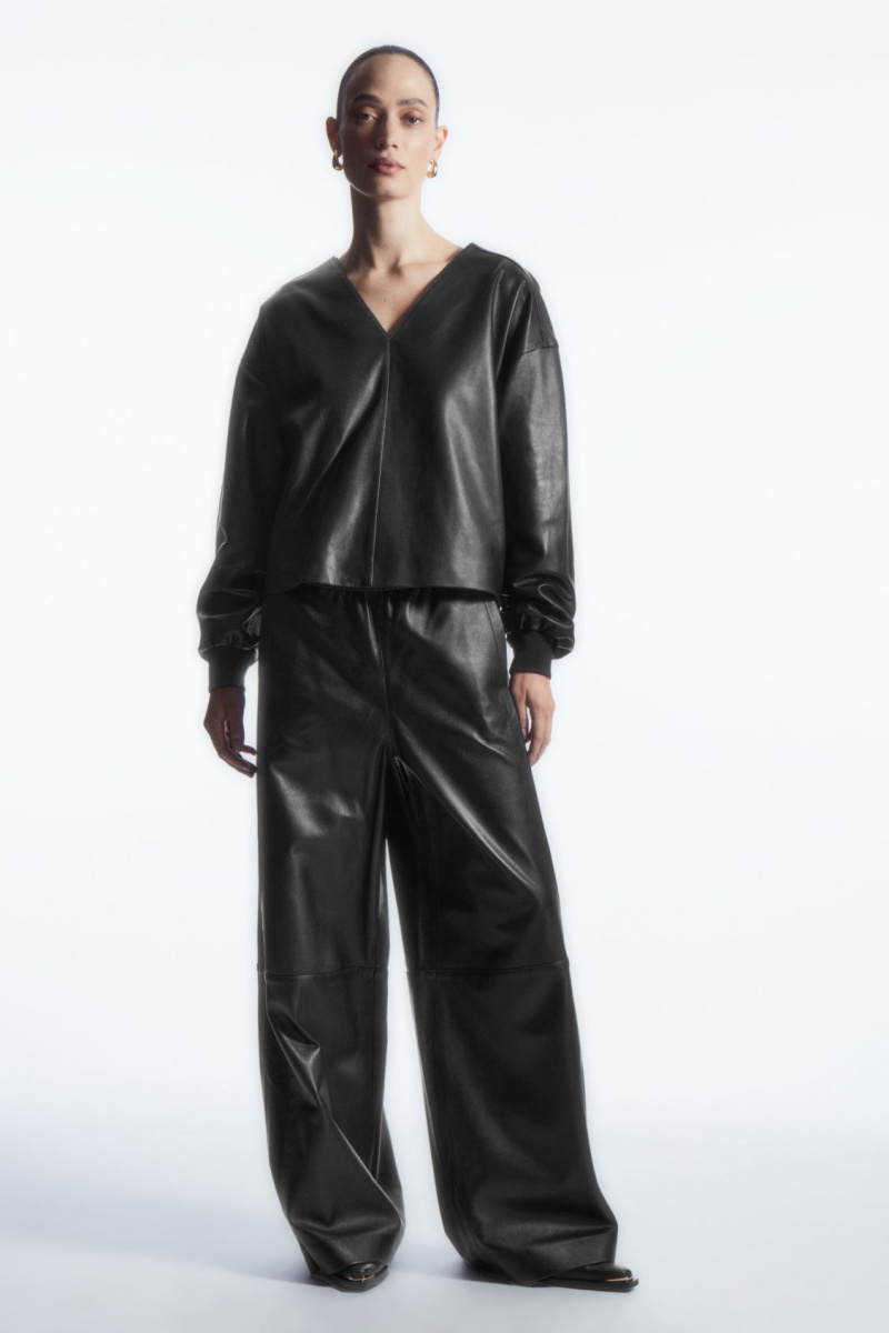 Dámské Topy COS Oversized V-Neck Læder Černé | WASX-43567
