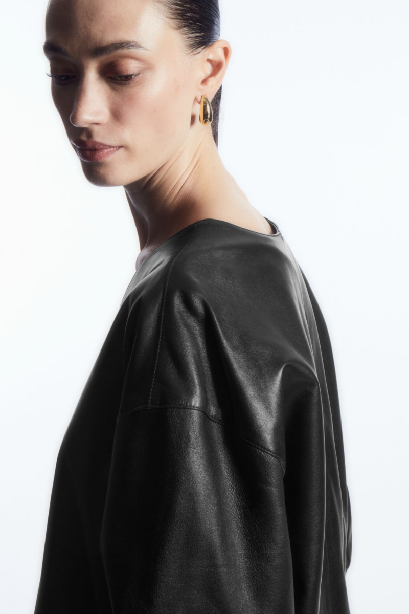 Dámské Topy COS Oversized V-Neck Læder Černé | WASX-43567
