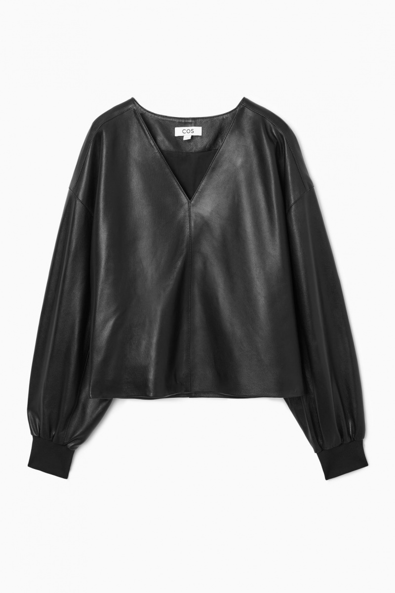 Dámské Topy COS Oversized V-Neck Læder Černé | WASX-43567