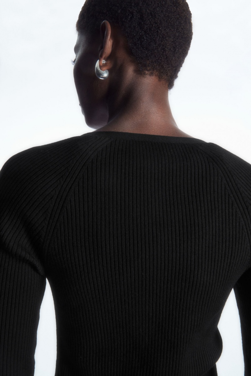 Dámské Topy COS V-Neck Žebrovaný Vlna Henley Černé | NUDW-30415