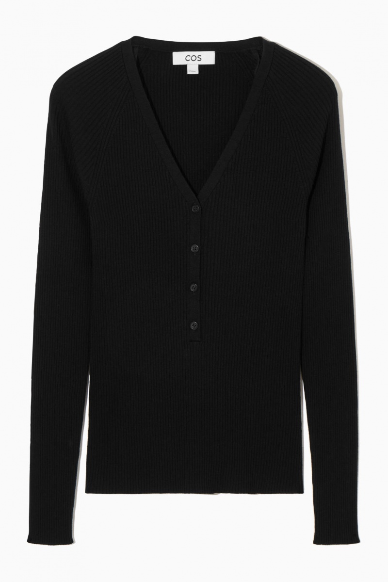 Dámské Topy COS V-Neck Žebrovaný Vlna Henley Černé | NUDW-30415