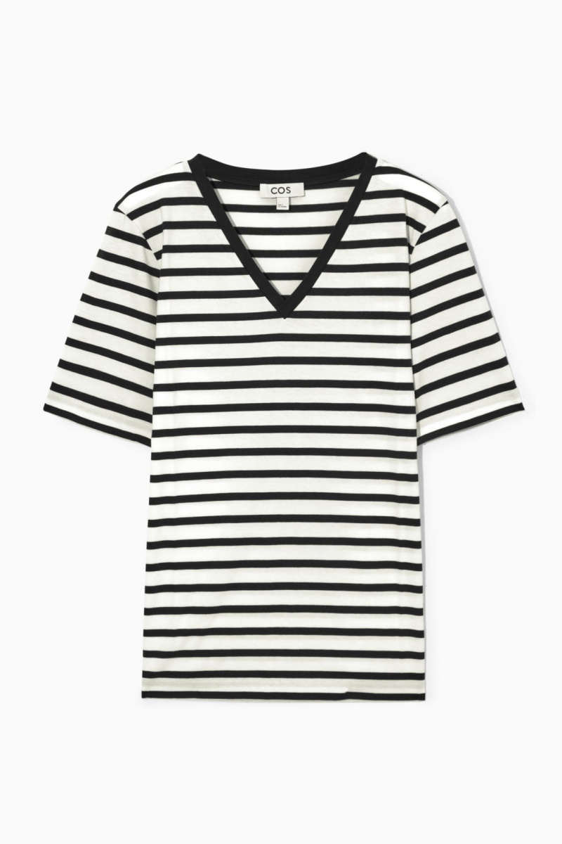 Dámské Tričko COS V-Neck Tmavě Blankyt Bílé | EUBY-10943