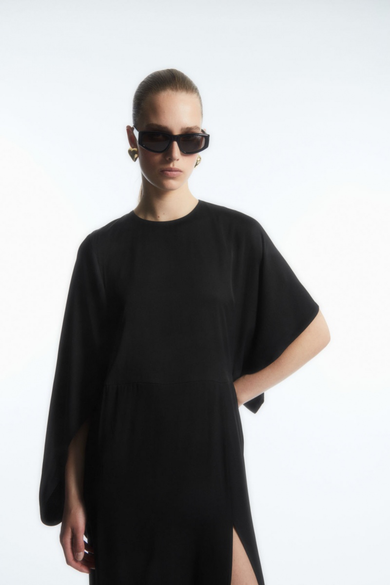 Dámské Šaty COS Asymmetric-Sleeve Draped Midi Černé | FVZM-95231