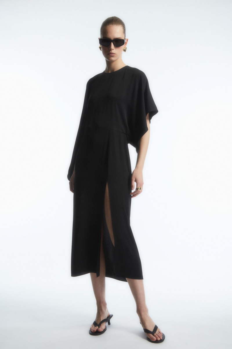 Dámské Šaty COS Asymmetric-Sleeve Draped Midi Černé | FVZM-95231