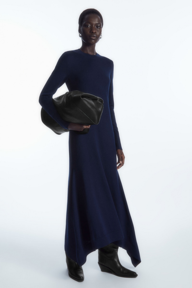 Dámské Šaty COS Handkerchief-Hem Merino Vlna Midi Tmavě Blankyt | BVZU-60491