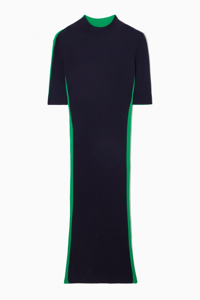 Dámské Šaty COS High-Neck Žebrovaný Silk Tmavě Blankyt Světle Zelene | PWAD-49032