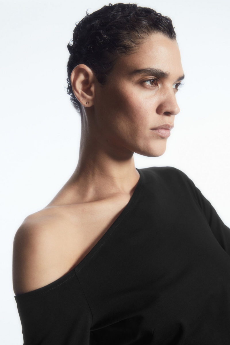 Dámské Šaty COS Off-The-Shoulder Asymmetric Midi Černé | QPVT-52407