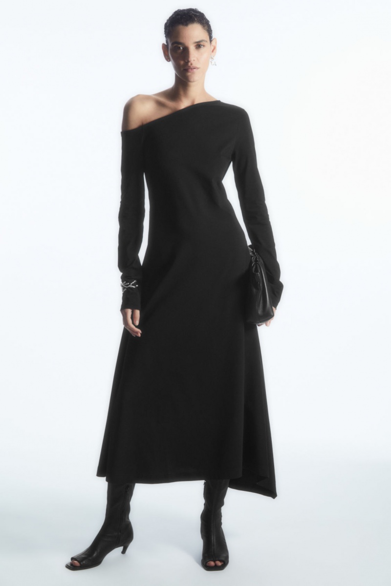 Dámské Šaty COS Off-The-Shoulder Asymmetric Midi Černé | QPVT-52407