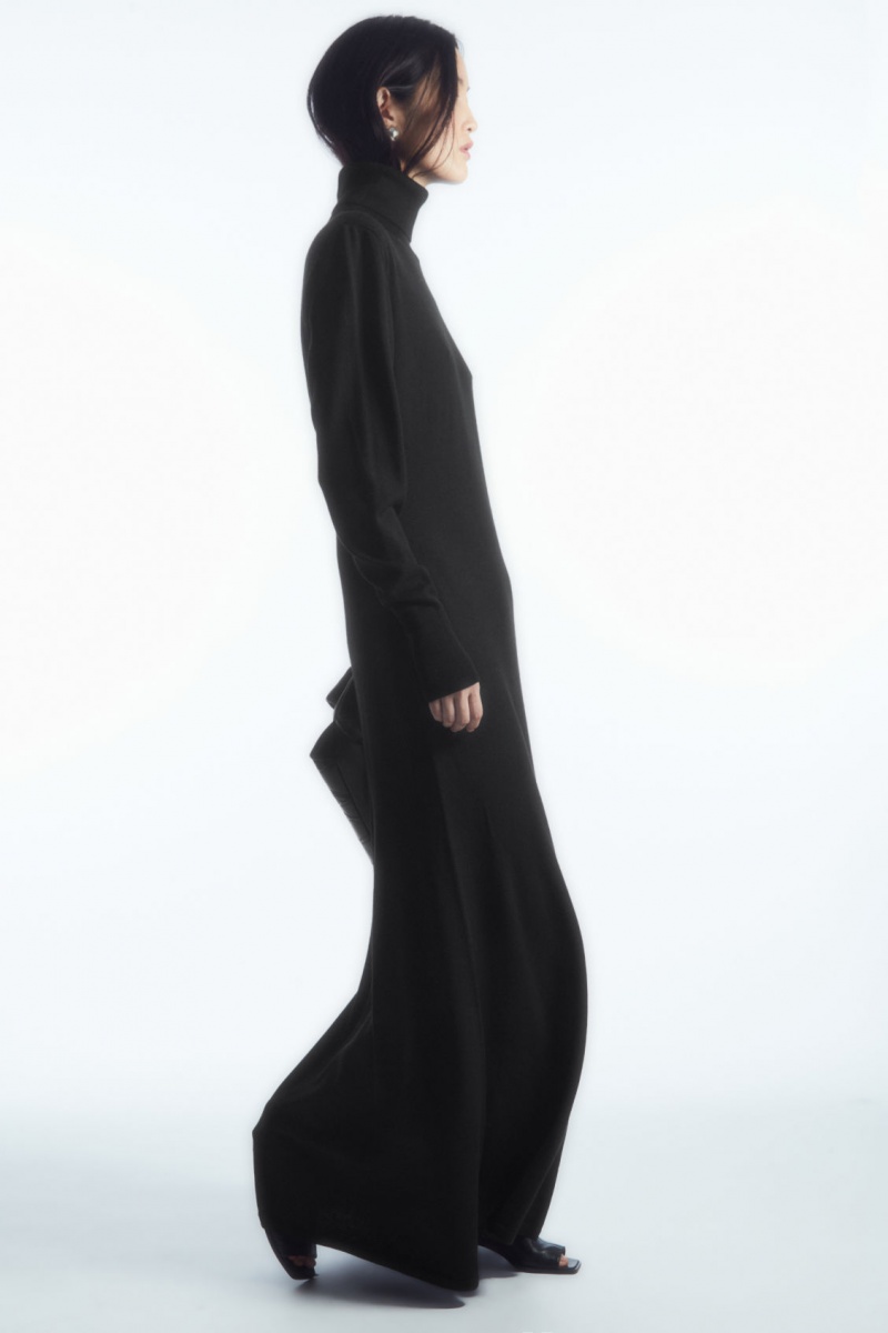 Dámské Šaty COS Power-Shoulder Merino Vlna Maxi Černé | YJNP-49681