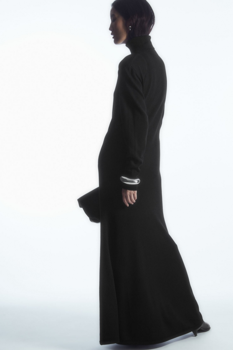 Dámské Šaty COS Power-Shoulder Merino Vlna Maxi Černé | YJNP-49681
