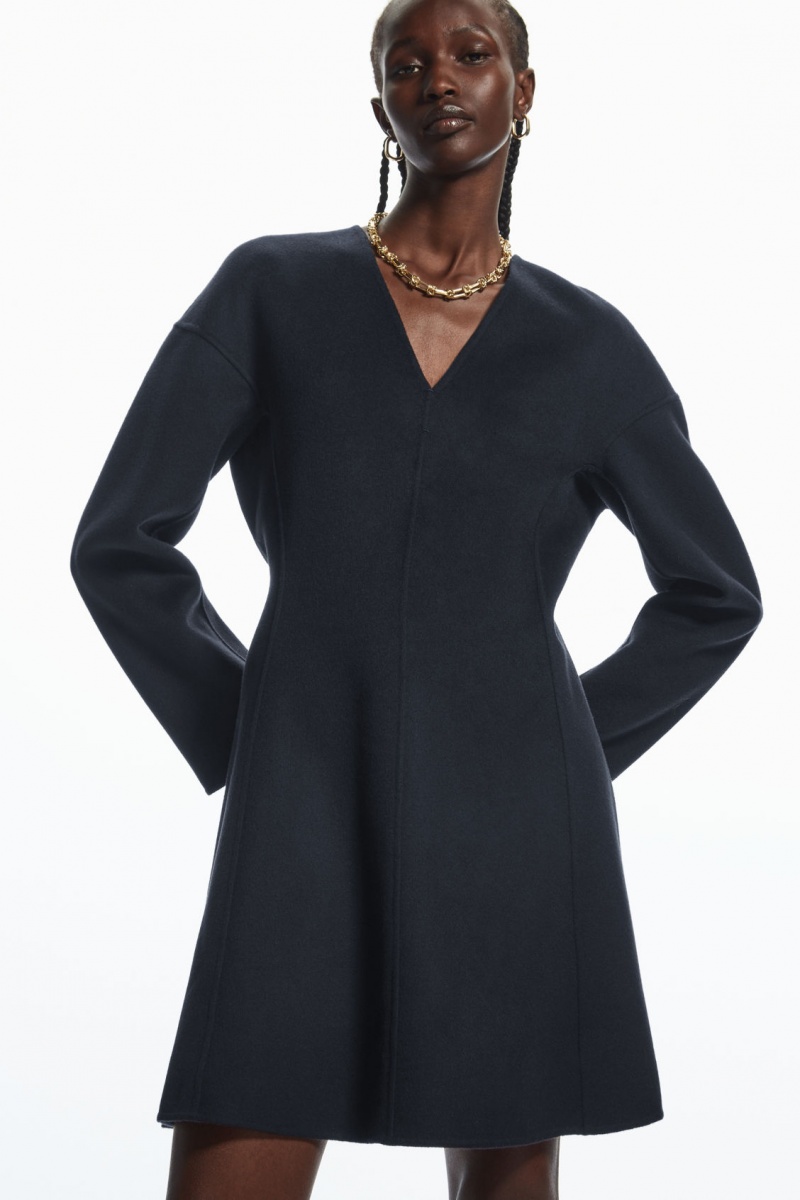 Dámské Šaty COS V-Neck Double-Faced Vlna Tmavě Blankyt | ZSLC-25478