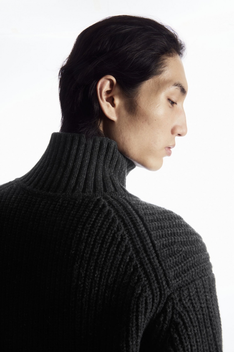 Pánské Bundy COS Funnel-Neck Pletené Vlna Tmavě Šedé | ONZU-38195