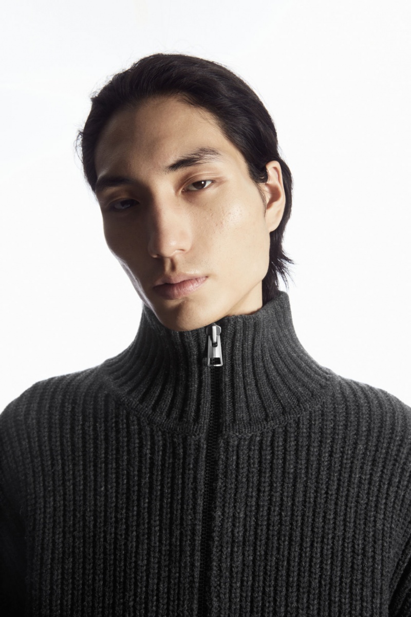 Pánské Bundy COS Funnel-Neck Pletené Vlna Tmavě Šedé | ONZU-38195