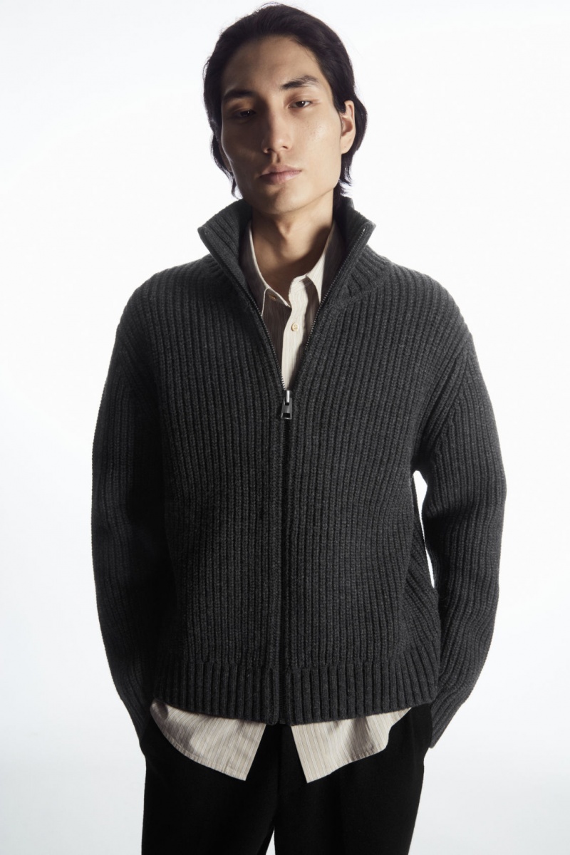 Pánské Bundy COS Funnel-Neck Pletené Vlna Tmavě Šedé | ONZU-38195
