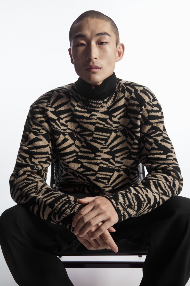 Pánské Jumpers COS Geometric Vlna-Jacquard Černé Béžový | OPDY-06985