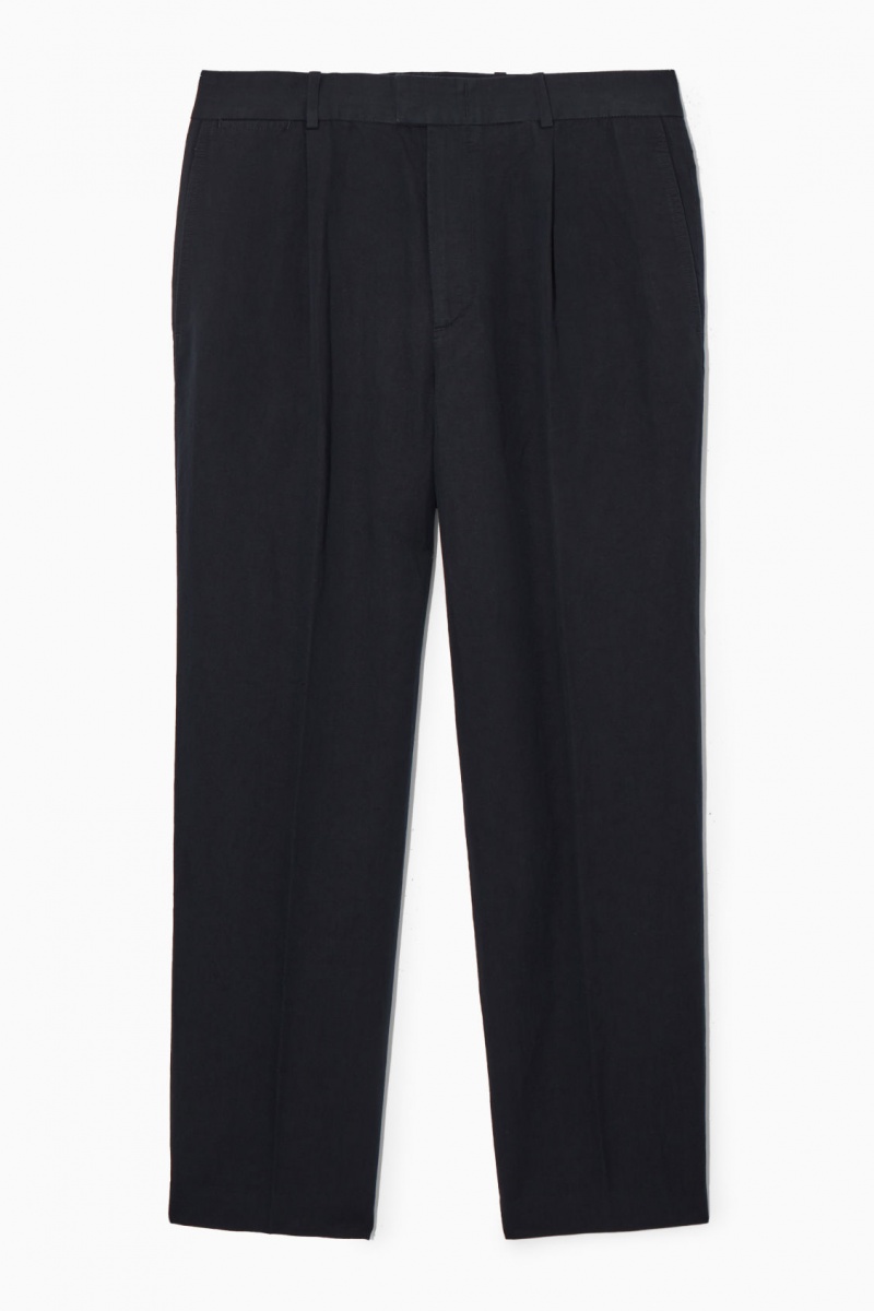 Pánské Kalhoty COS Plisovaný Rovný-Leg Linen-Blend Tmavě Blankyt | EPKR-26319