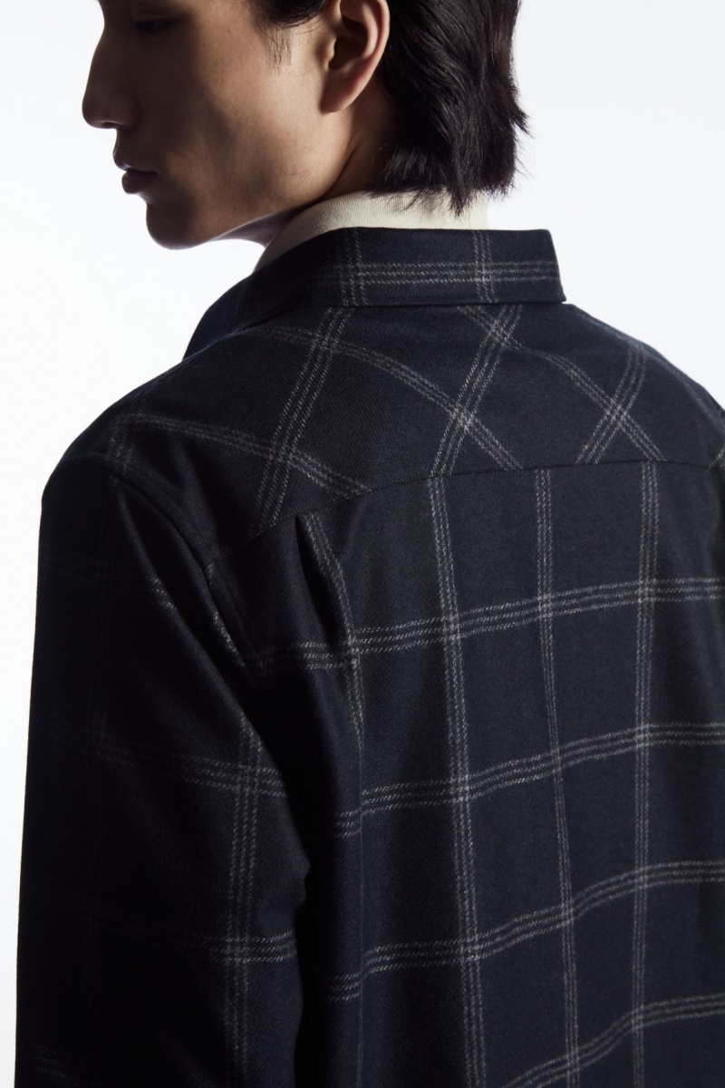 Pánské Košile COS Checked Vlna Tmavě Blankyt | HXDN-08652