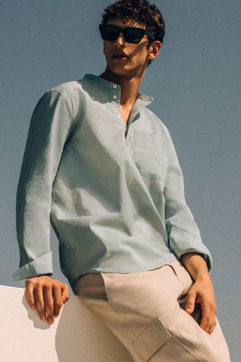 Pánské Košile COS Grandad-Collar Half-Placket Světle Tyrkysové | BLIQ-54780