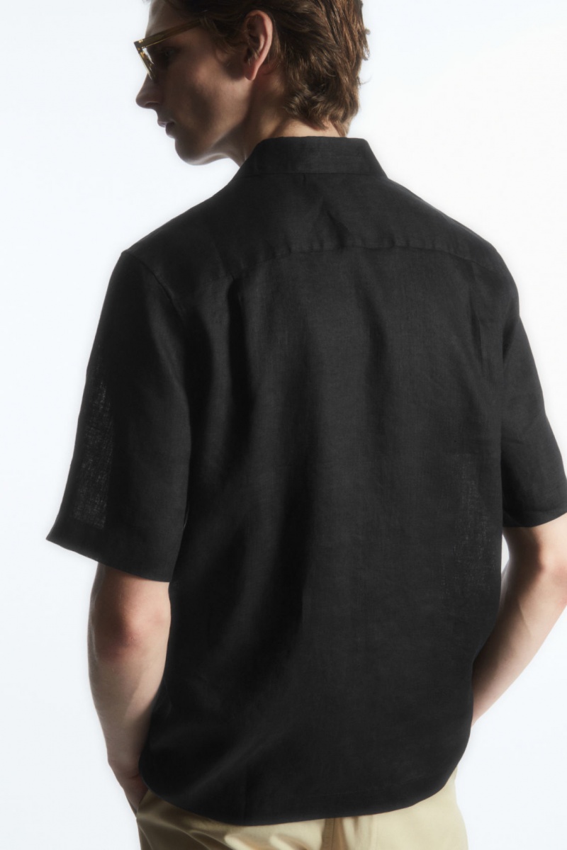 Pánské Košile COS Krátké-Sleeved Linen Černé | PYOW-42670