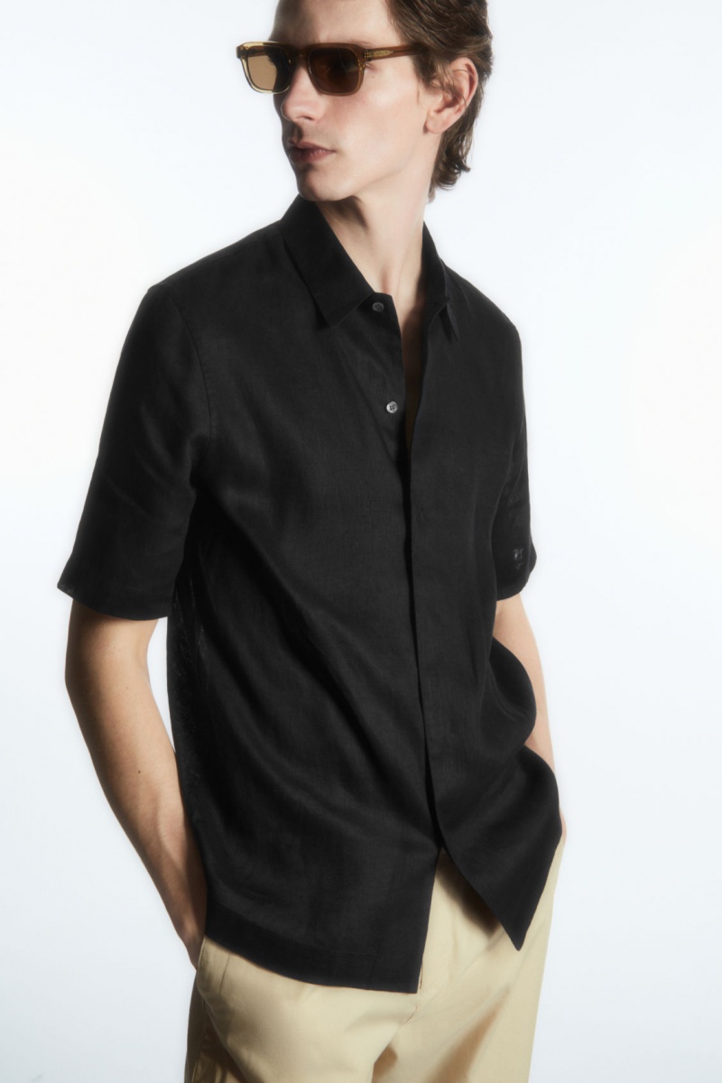 Pánské Košile COS Krátké-Sleeved Linen Černé | PYOW-42670