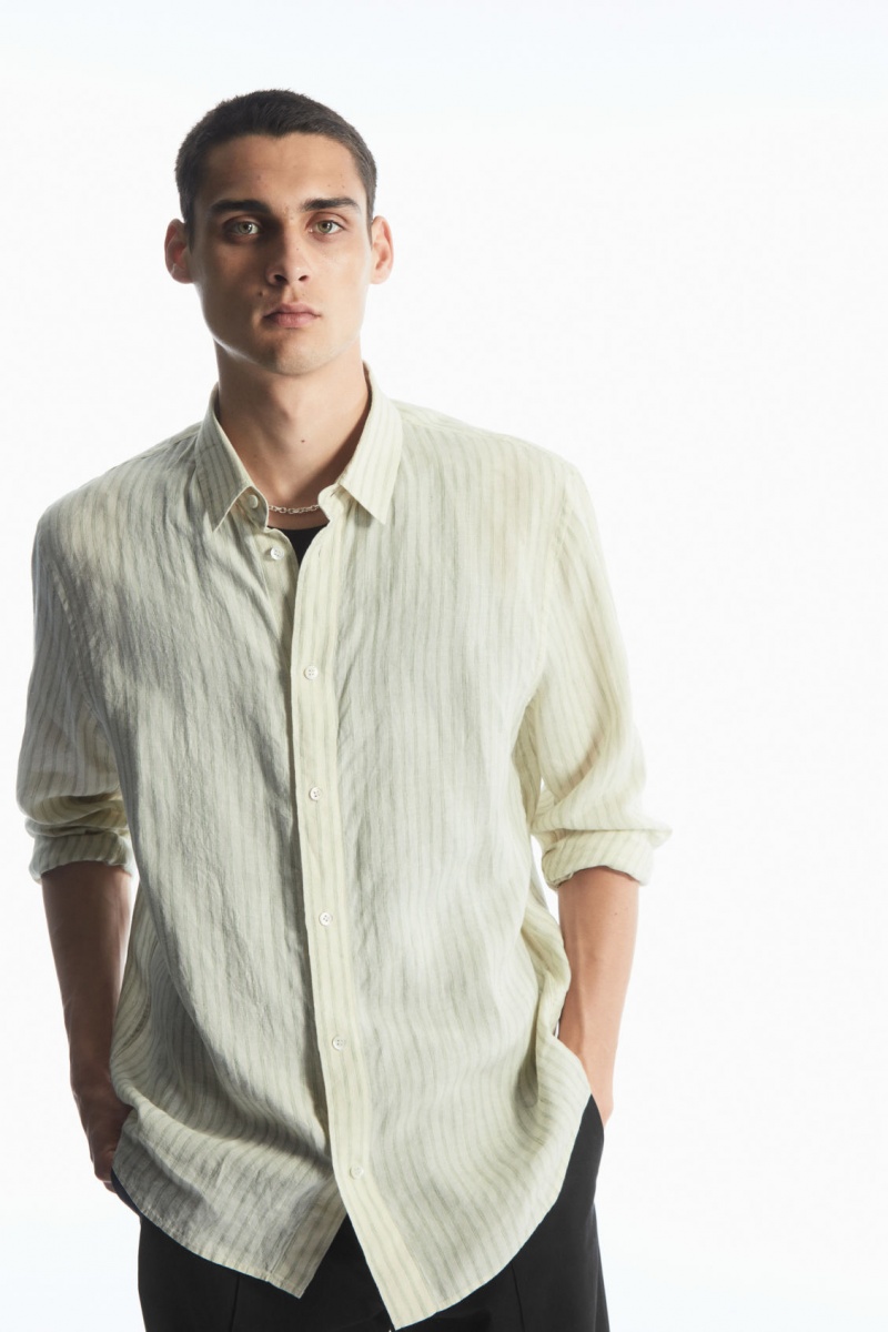 Pánské Košile COS Long-Sleeved Pruhovaný Linen Zelene Krém | IBLM-90651