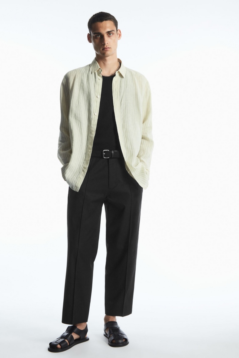 Pánské Košile COS Long-Sleeved Pruhovaný Linen Zelene Krém | IBLM-90651