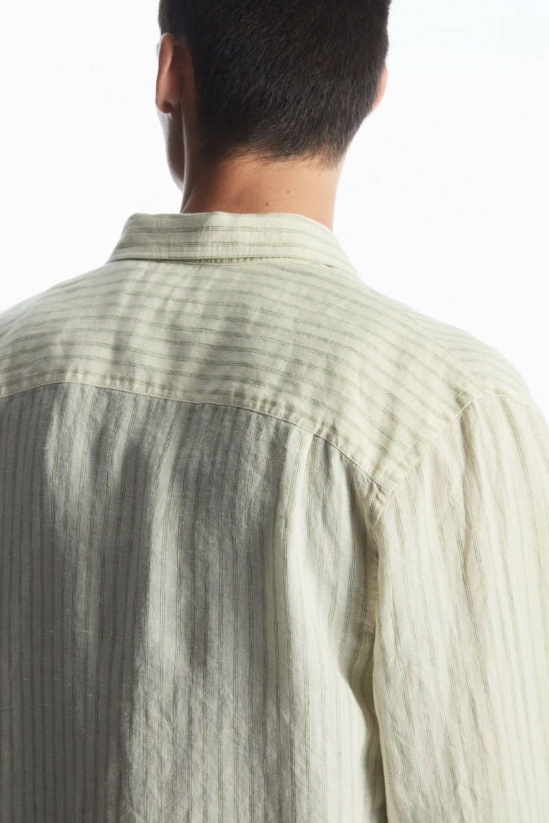 Pánské Košile COS Long-Sleeved Pruhovaný Linen Zelene Krém | IBLM-90651