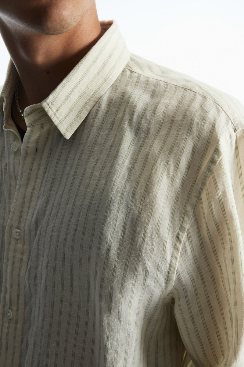 Pánské Košile COS Long-Sleeved Pruhovaný Linen Zelene Krém | IBLM-90651
