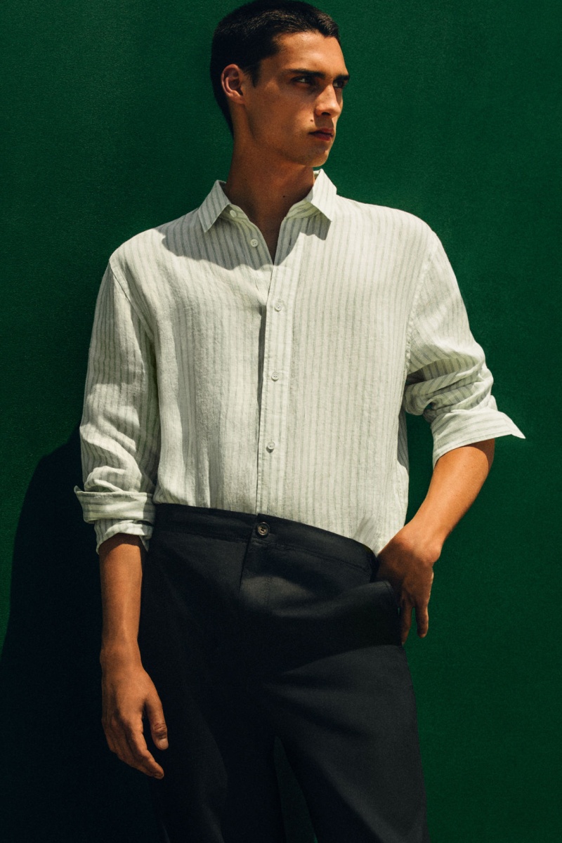 Pánské Košile COS Long-Sleeved Pruhovaný Linen Zelene Krém | IBLM-90651