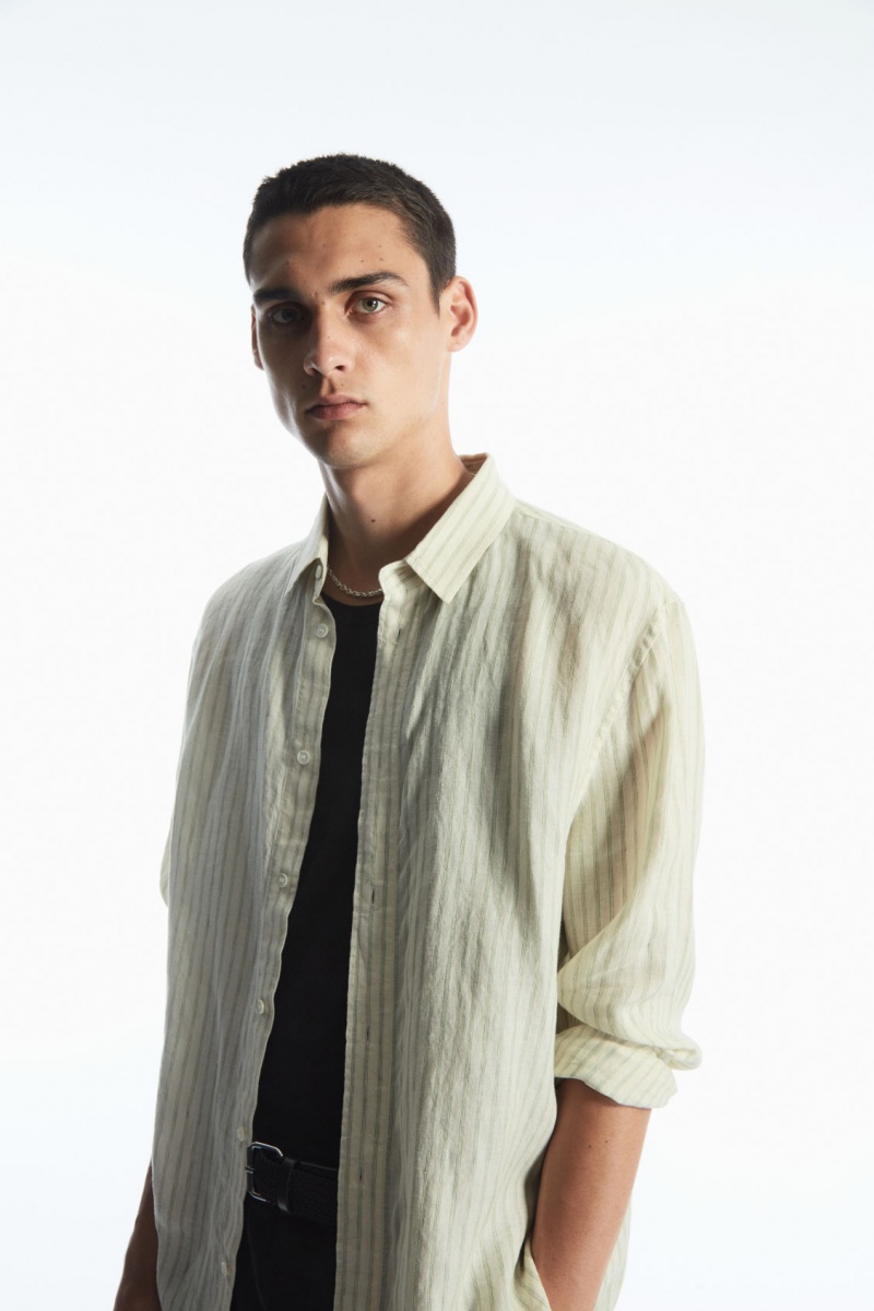 Pánské Košile COS Long-Sleeved Pruhovaný Linen Zelene Krém | IBLM-90651
