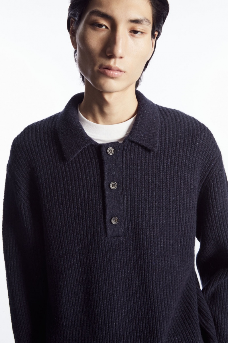 Pánské Polo Triko COS Žebrovaný Vlna And Cashmere-Blend Tmavě Blankyt | IJRB-82471