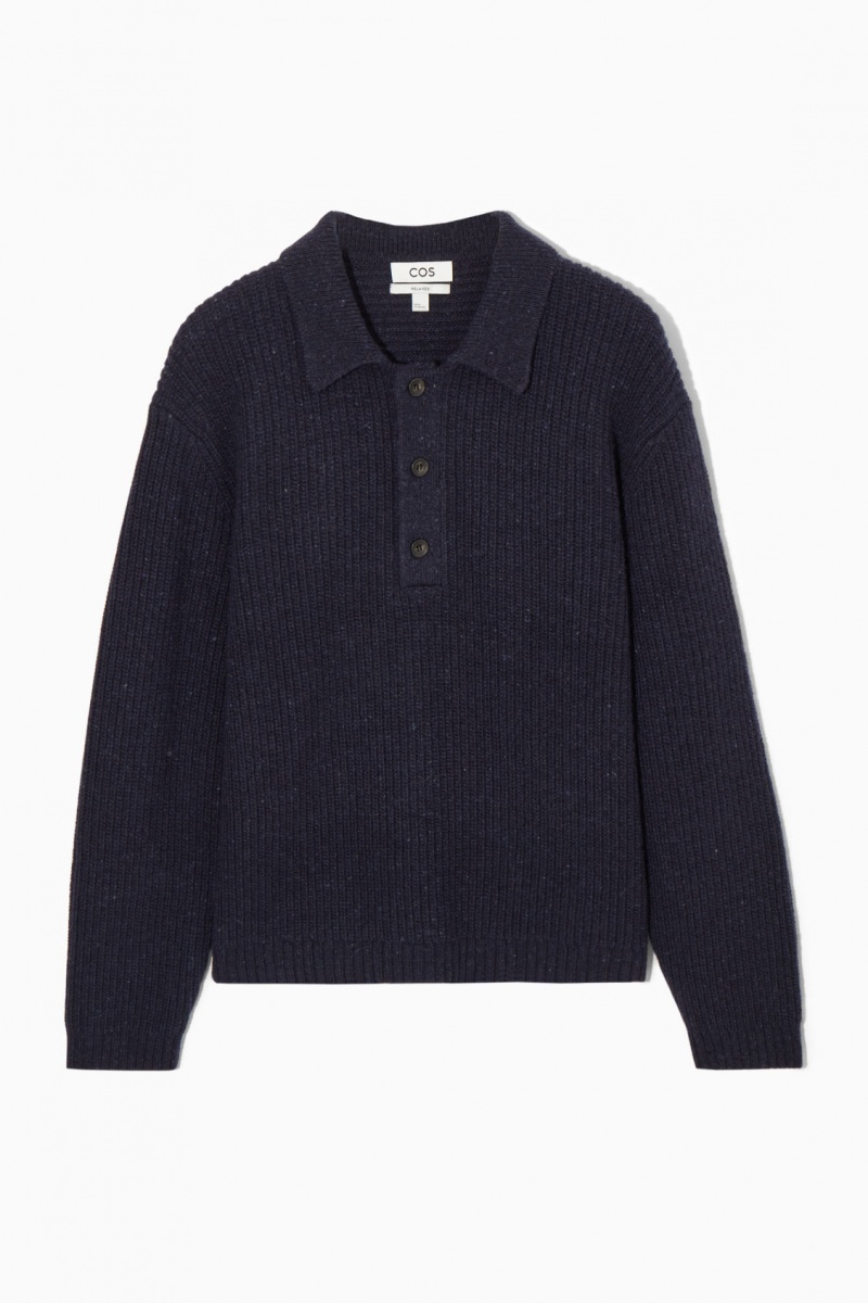 Pánské Polo Triko COS Žebrovaný Vlna And Cashmere-Blend Tmavě Blankyt | IJRB-82471