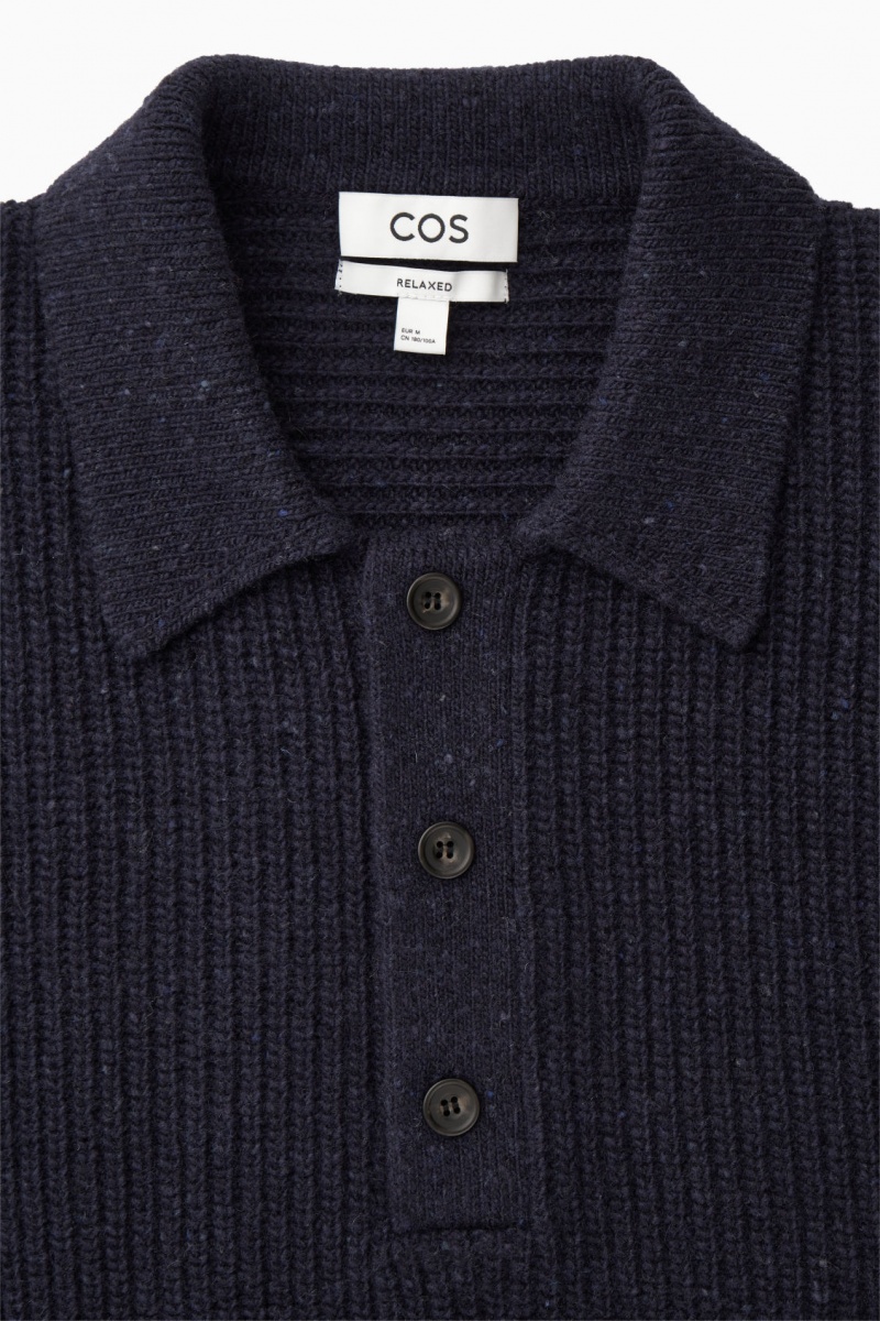 Pánské Polo Triko COS Žebrovaný Vlna And Cashmere-Blend Tmavě Blankyt | IJRB-82471