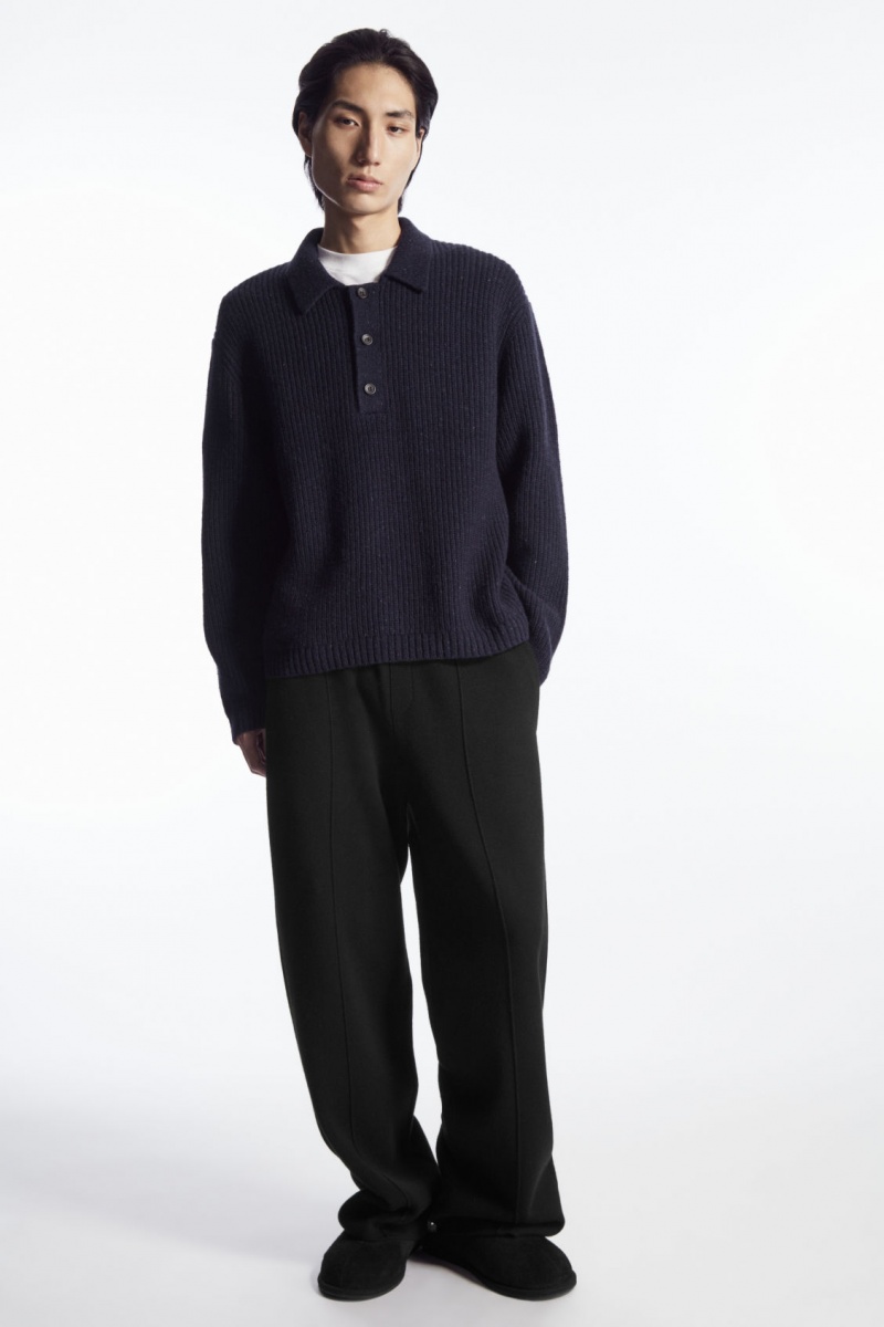 Pánské Polo Triko COS Žebrovaný Vlna And Cashmere-Blend Tmavě Blankyt | IJRB-82471