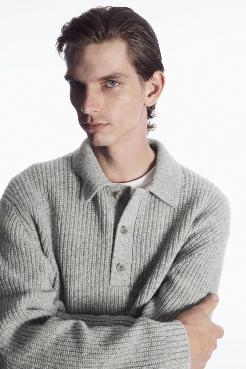 Pánské Polo Triko COS Žebrovaný Vlna And Cashmere-Blend Světle Šedé | ZXBE-17634