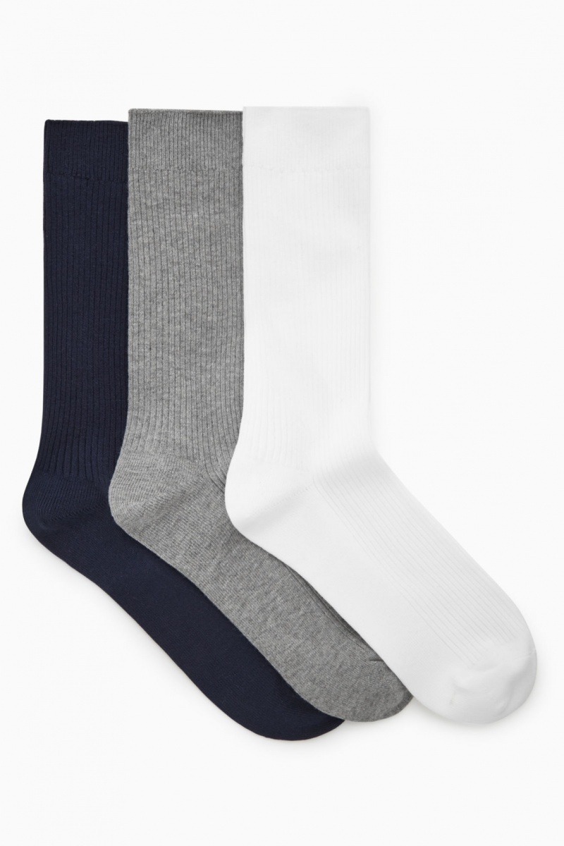 Pánské Ponožky COS 3-Pack Žebrovaný Tmavě Blankyt Šedé Bílé | NGRW-37468