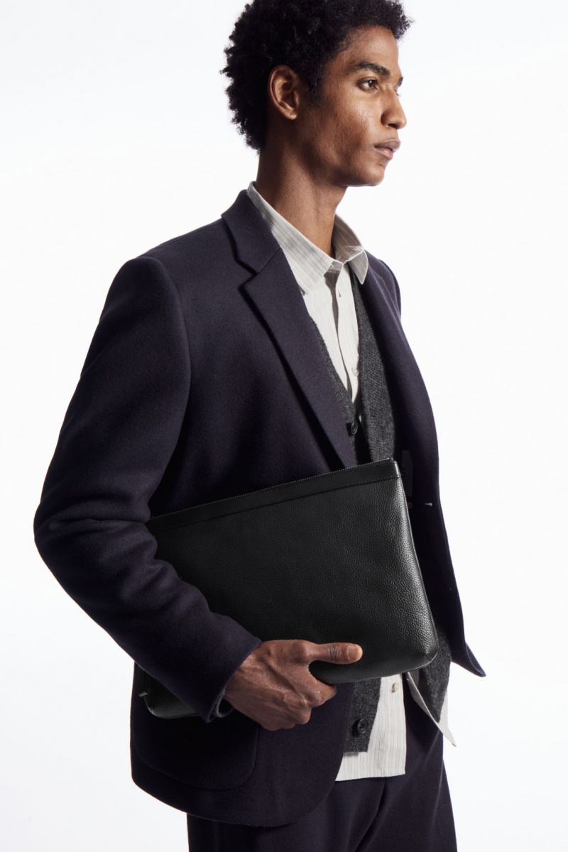 Pánské Pouches COS Zipped Folio Pouch Grained Læder Černé | DLTC-34617