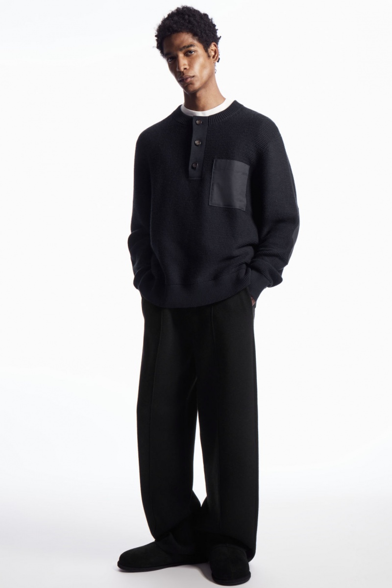 Pánské Svetry COS Waffle-Knit Henley Tmavě Blankyt | ZHYX-27580
