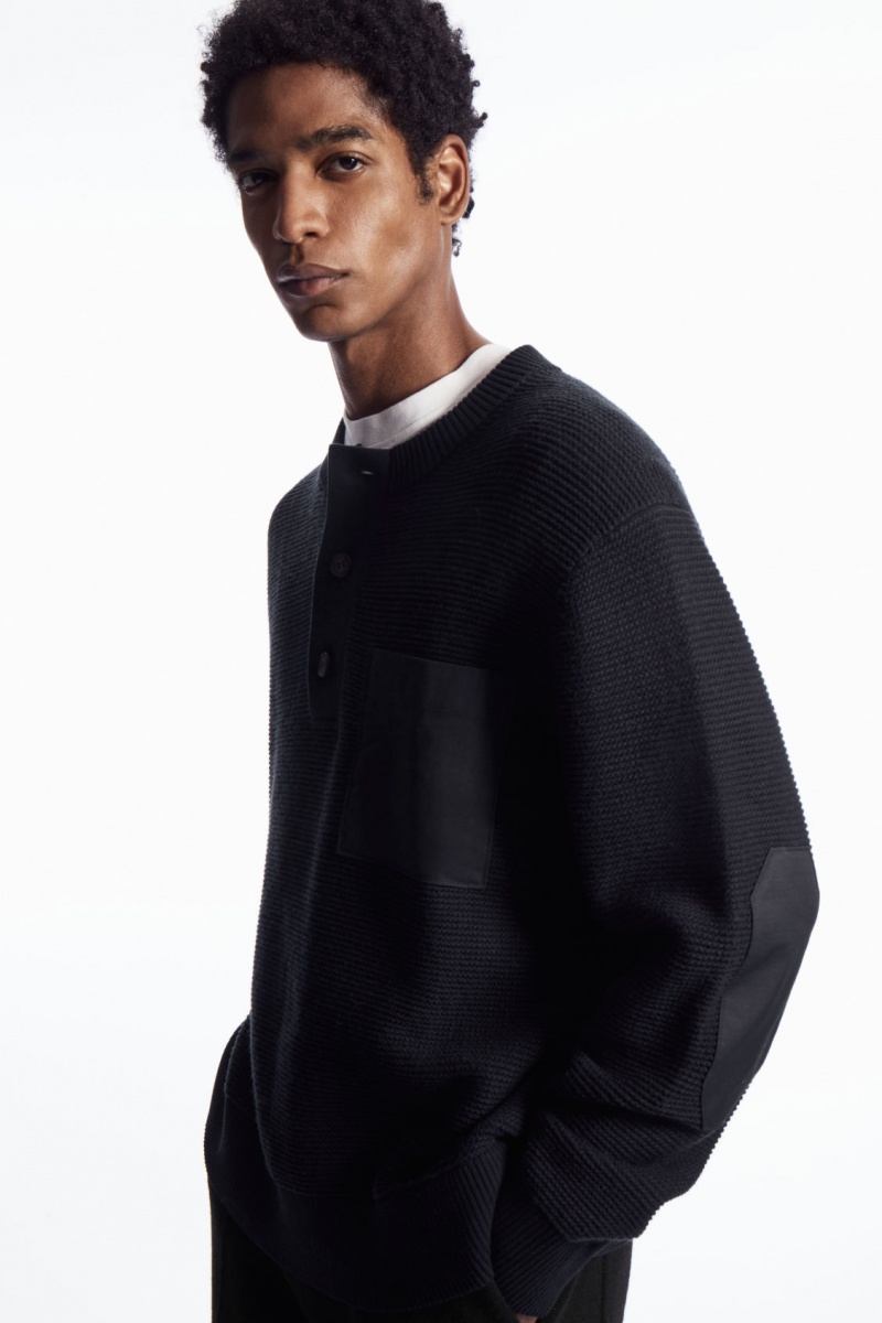 Pánské Svetry COS Waffle-Knit Henley Tmavě Blankyt | ZHYX-27580