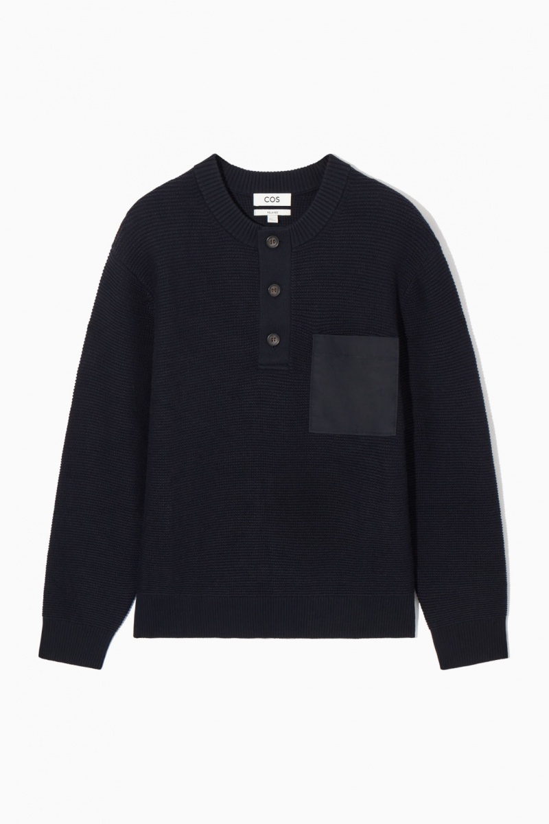 Pánské Svetry COS Waffle-Knit Henley Tmavě Blankyt | ZHYX-27580