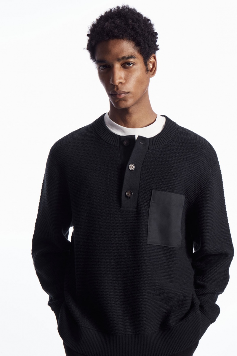 Pánské Svetry COS Waffle-Knit Henley Tmavě Blankyt | ZHYX-27580